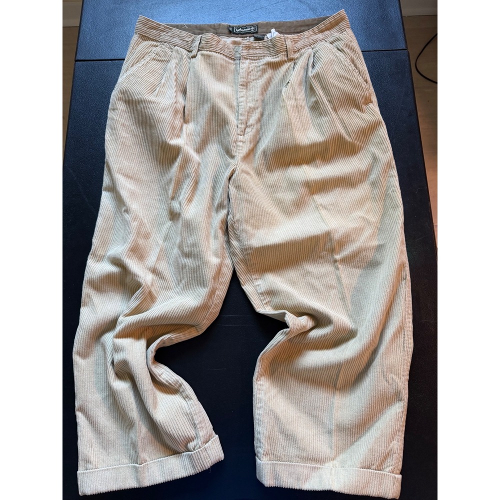 Y2K Timberland Mens 36 Pleated Corduroy Pants Tan Beige Cuffed Cotton Wide Wale